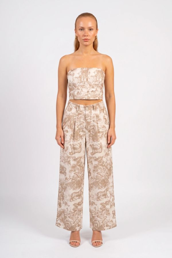 Cropped στράπλες τοπ και ψηλόμεση παντελόνα με Toile de Jouy μοτίβο