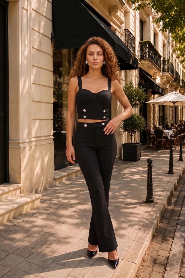Σετ σουέντ crop top με cups, κουμπιά και παντελόνι καμπάνα - ΜΑΥΡΟ