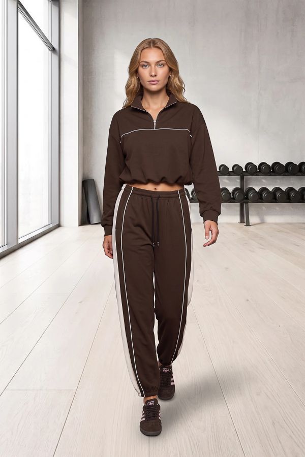 Σετ μπλούζα half-zip & παντελόνι με ρίγα - ΚΑΦΕ ΣΚΟΥΡΟ