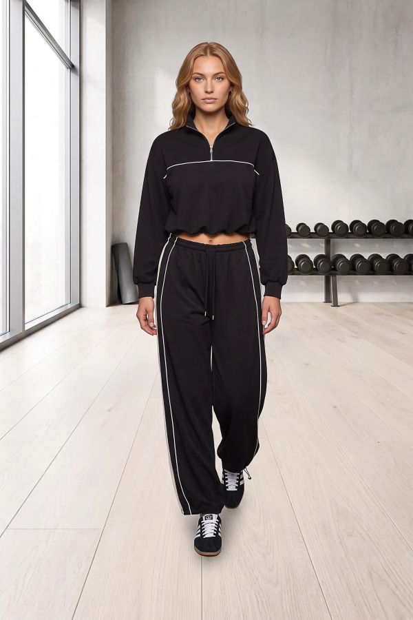 Σετ μπλούζα half-zip & παντελόνι με ρίγα - ΜΑΥΡΟ