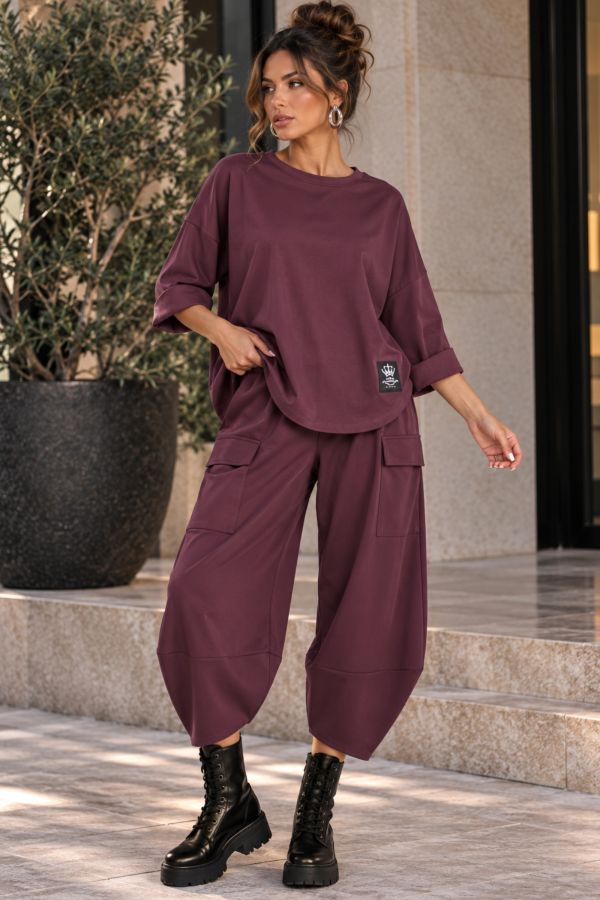 Σετ oversize μπλούζα & ασύμμετρο παντελόνι με λάστιχο στη μέση - ΒΥΣΣΙΝΙ