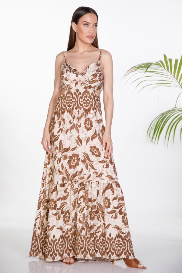 Μάξι φόρεμα με λαχούρ και floral μοτίβα