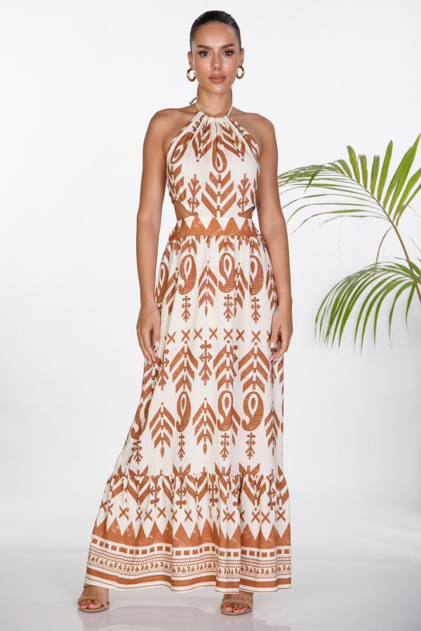 Μάξι φόρεμα halter με έθνικ μοτίβο και cut-outs