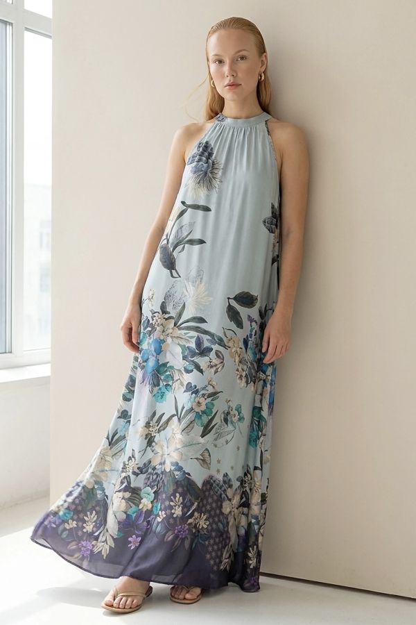 Sleeveless floral halter dress
