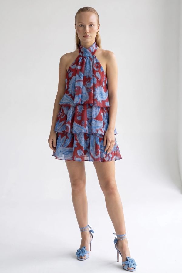 Mini φόρεμα halter με βολάν και paisley print