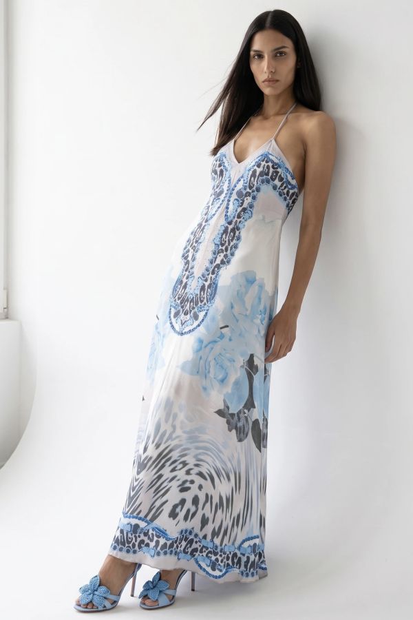 Μάξι φόρεμα halter με φλοράλ και animal print, στρας και ανοιχτή πλάτη