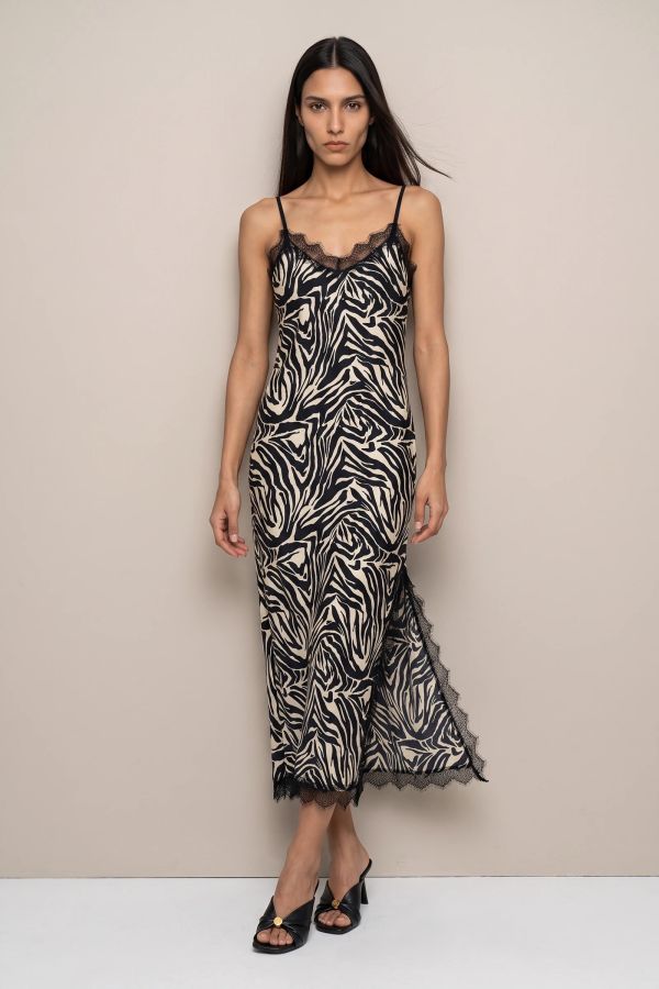 Μιντι σατέν slip dress με δαντέλα και ζέβρα μοτίβο