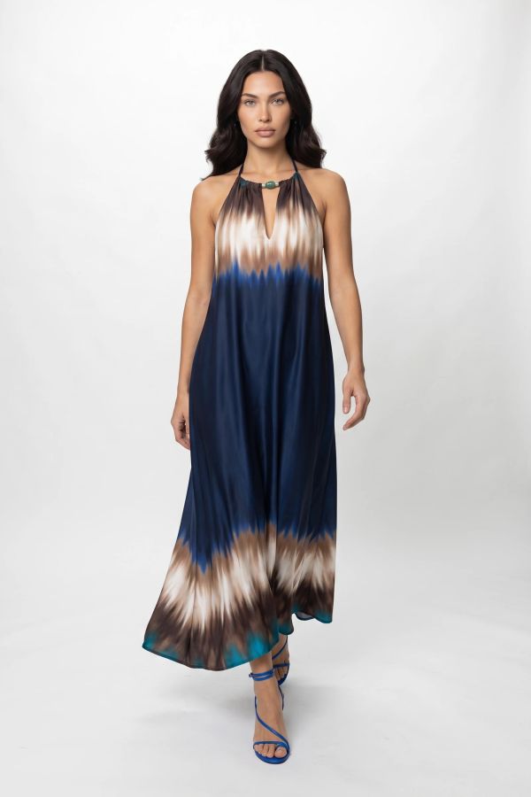 Μάξι φόρεμα με halter λαιμόκοψη και τύπωμα tie-dye