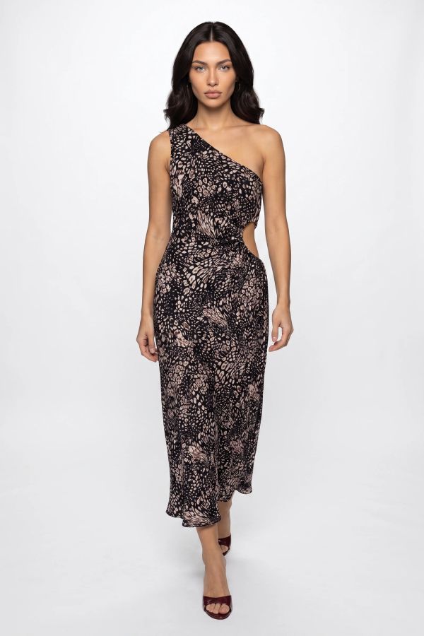 Μάξι φόρεμα με έναν ώμο, cut-out και animal print