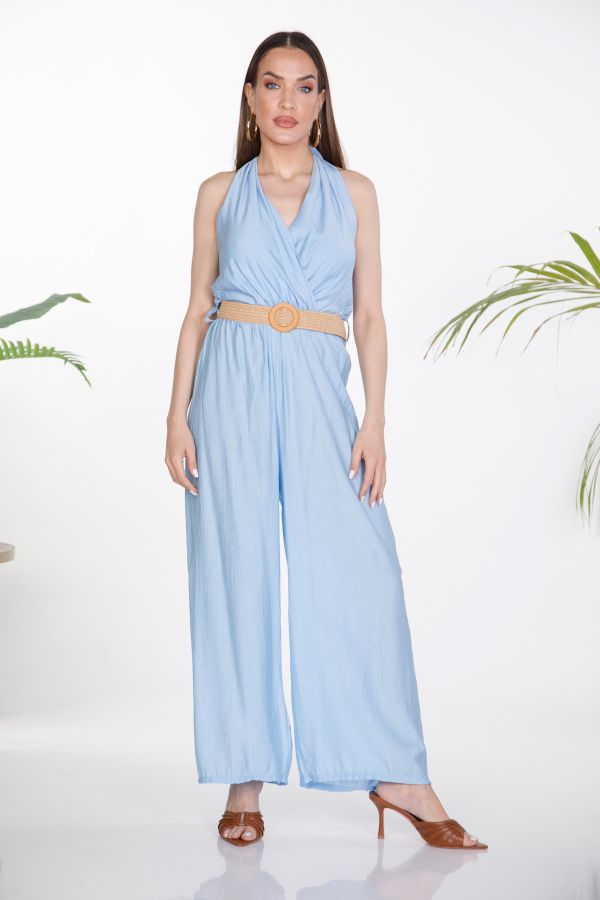 Halter jumpsuit with straw belt