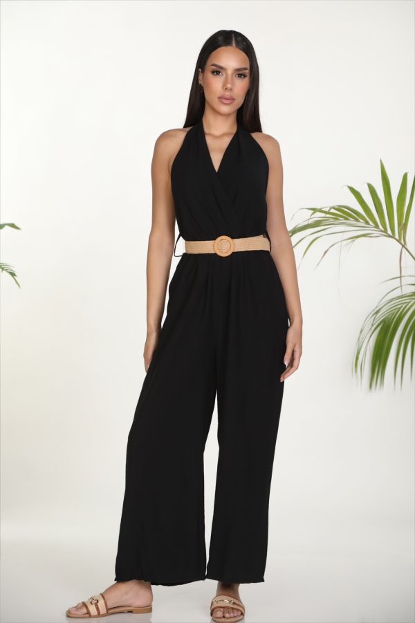 Ολόσωμη φόρμα halter με ψάθινη ζώνη