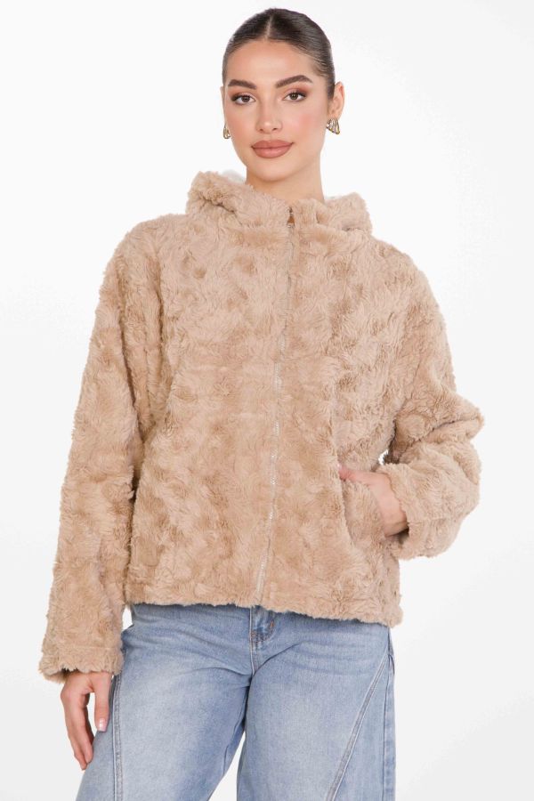 Fleece ζακέτα με οικολογική γούνα και κουκούλα
