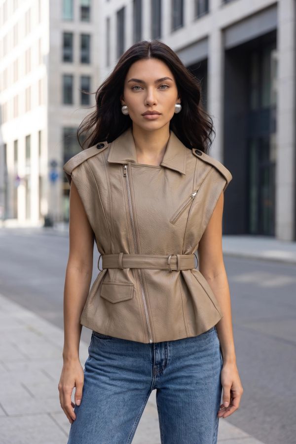 Αμάνικο jacket από δερματίνη με ζώνη