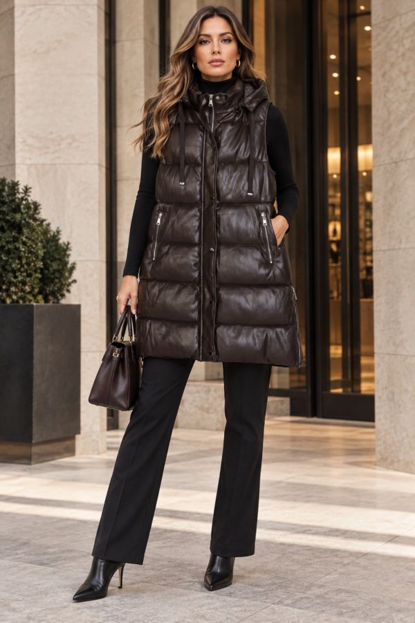 Μακρύ αμάνικο padded jacket με κουκούλα