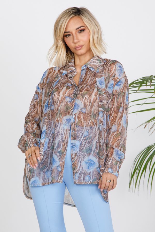 Mousseline shirt with floral and snake print