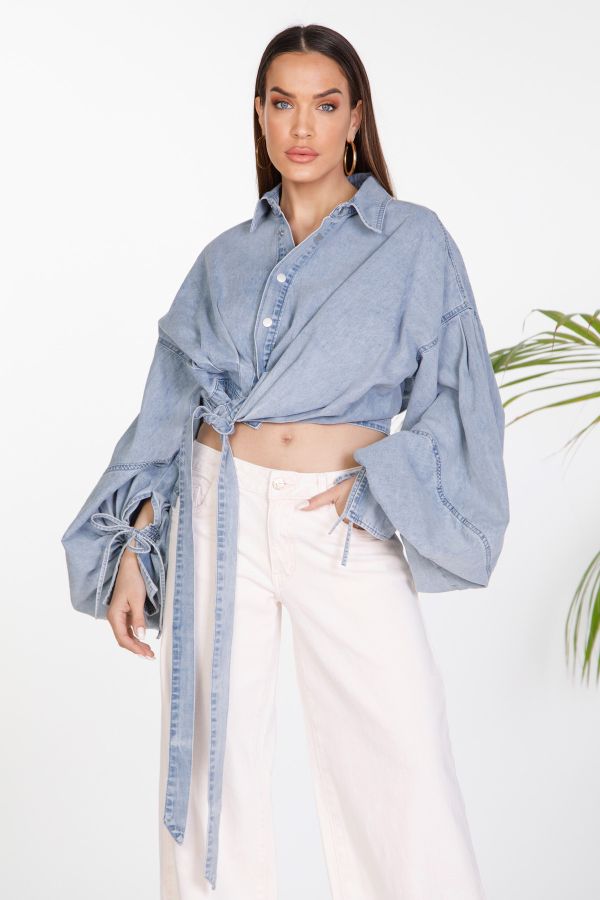 Denim shirt with balloon sleeves and waist tie