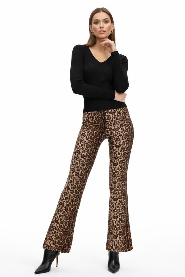 Leopard elastic bell-bottom pants