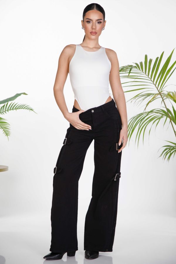 Τζιν παντελόνι wide leg με ζωνάκια στο πλάι