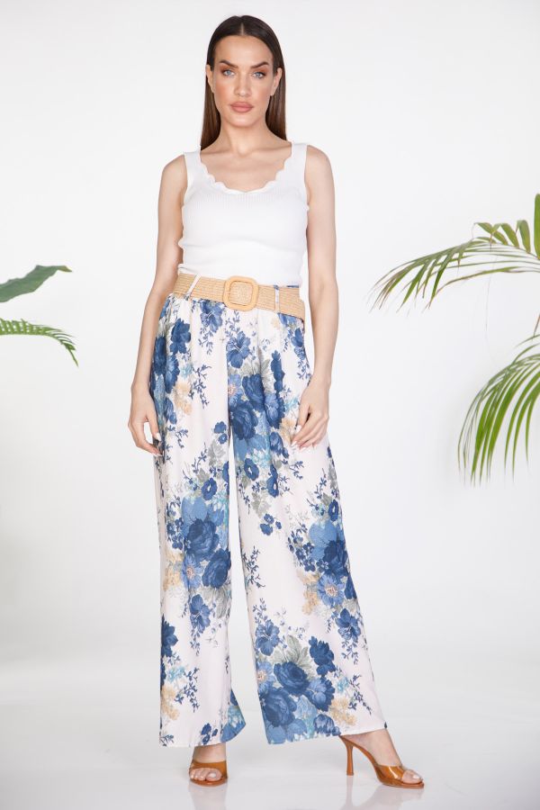 High-waisted floral pants with straw belt