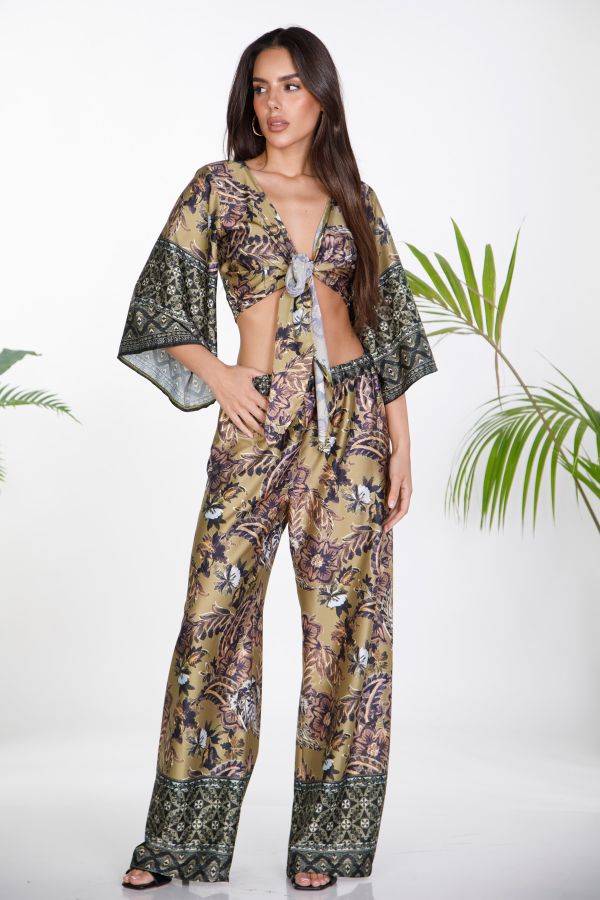Satin wide-leg trousers with ethnic prints