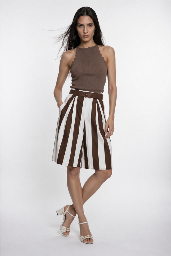 Striped shorts with leatherette belt