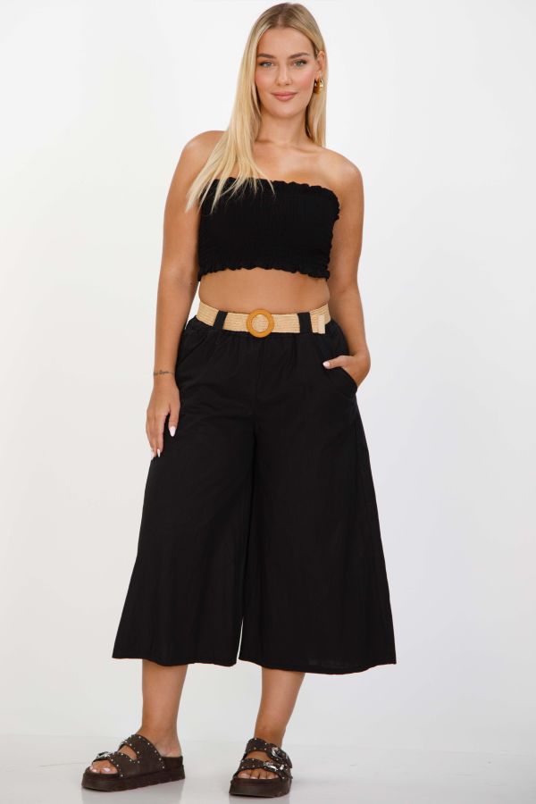 Elastic waist culottes with straw belt