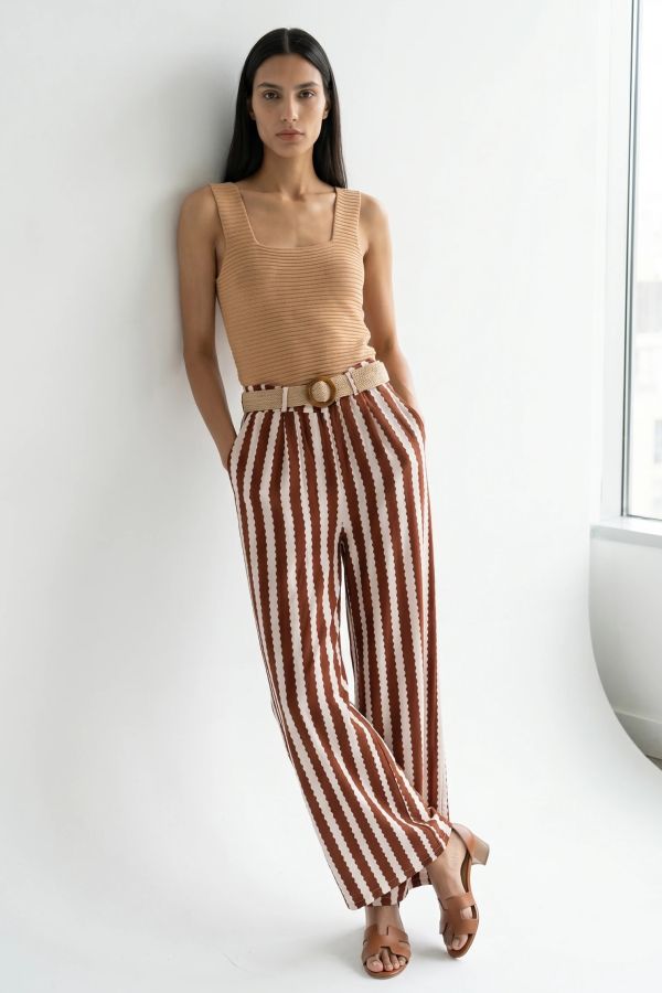 Striped trousers with straw belt