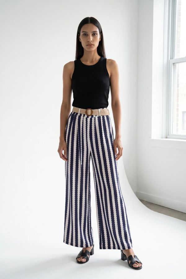Striped trousers with straw belt