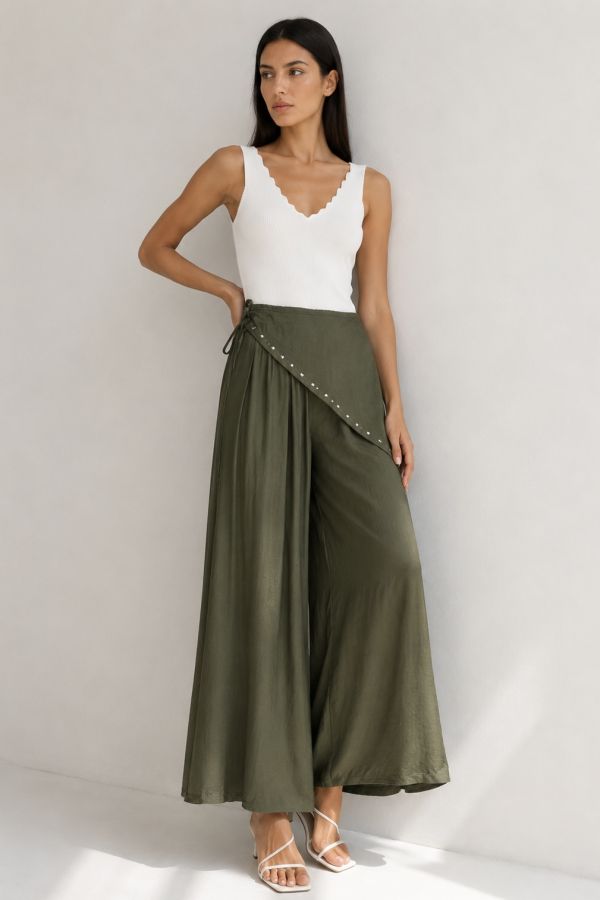 High-waisted scarf-overlay wide-leg trousers with studs