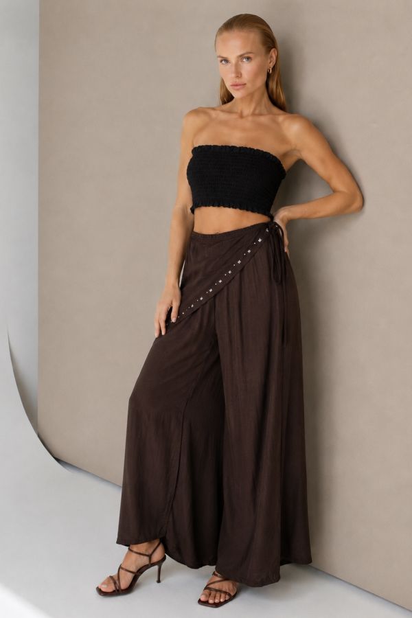 High-waisted scarf-overlay wide-leg trousers with studs