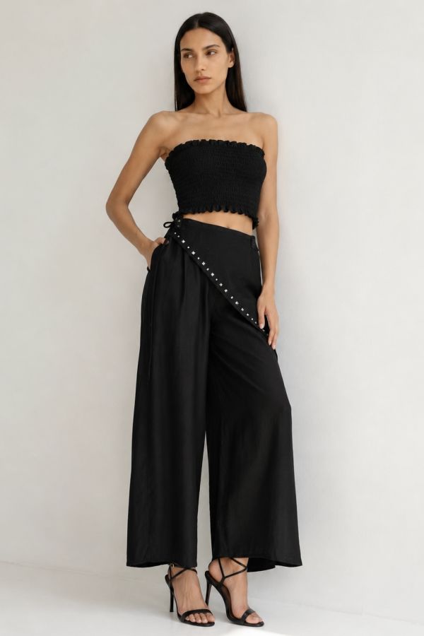 High-waisted scarf-overlay wide-leg trousers with studs