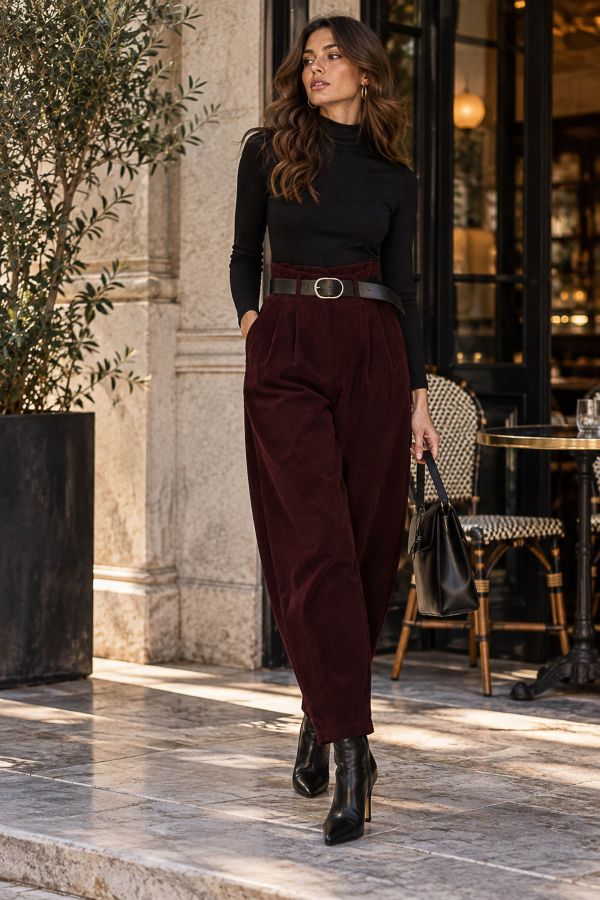 Κοτλέ παντελόνι με δερματίνη ζώνη - ΒΥΣΣΙΝΙ