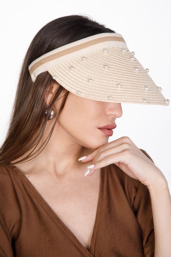 Straw visor hat with pearls