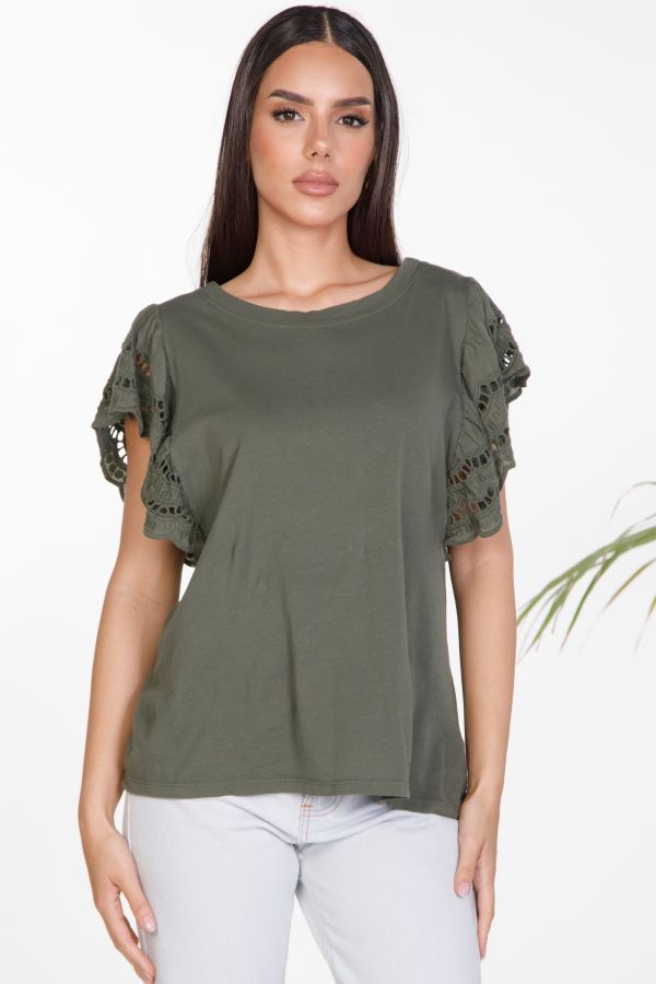 T-shirt with Guipure ruffled sleeves