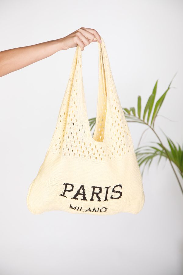 Knit shopping bag with text logo