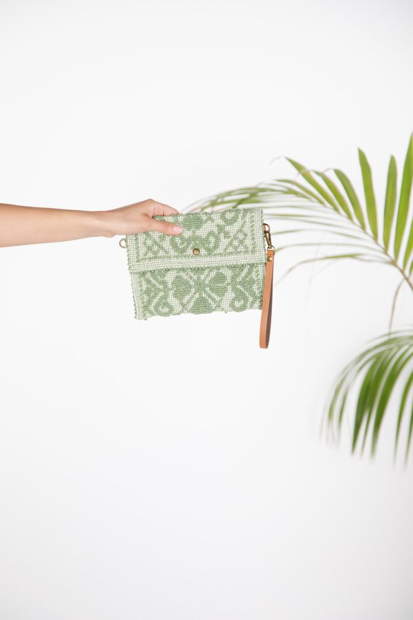 Woven clutch with geometric pattern