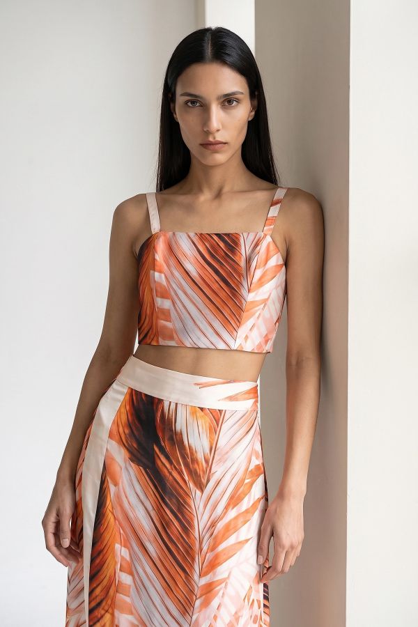 Μπλούζα crop top σατέν εμπριμέ με δέσιμο
