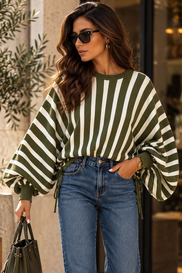 Πλεκτή ριγέ μπλούζα με μανίκι νυχτερίδα σε oversize γραμμή - ΧΑΚΙ