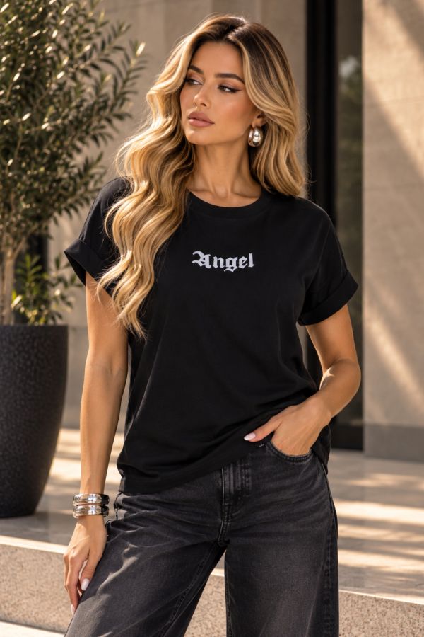 T-shirt "Angel" με φτερά από στρας στην πλάτη - ΜΑΥΡΟ