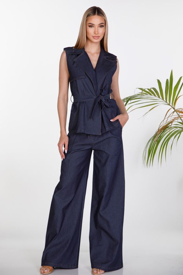 Denim vest set with belt and pleated trousers