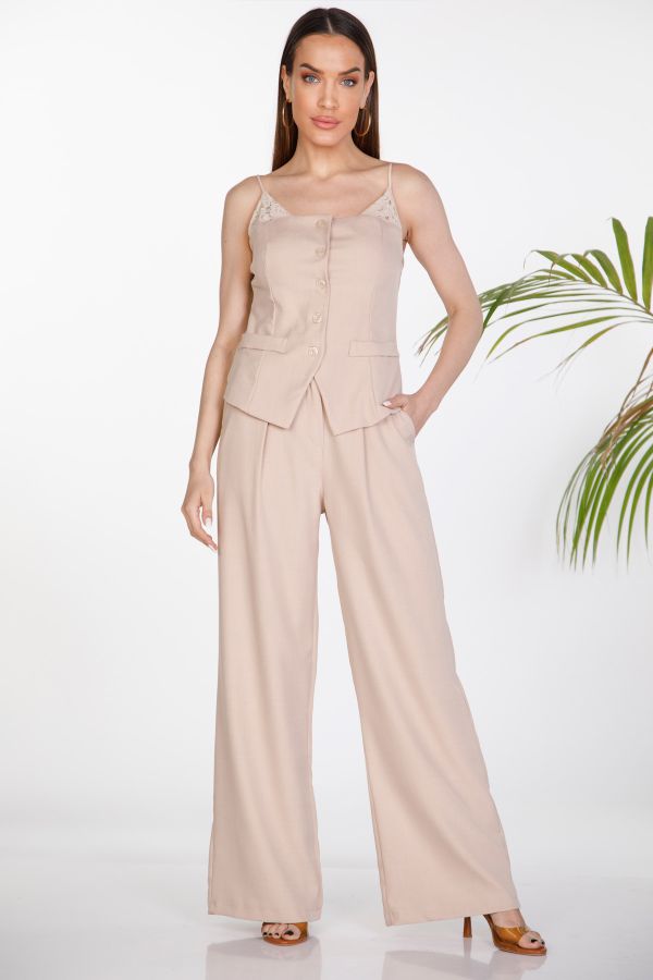 Blouse with lace detail and high-waisted trousers set