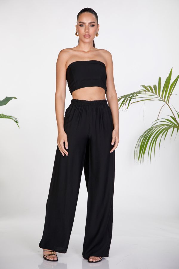 Strapless top and wide-leg trousers set