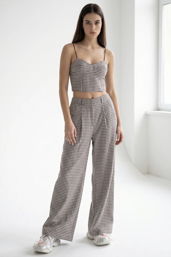 Σετ καρό crop top με σφιγγοφωλιά και παντελόνι με λάστιχο
