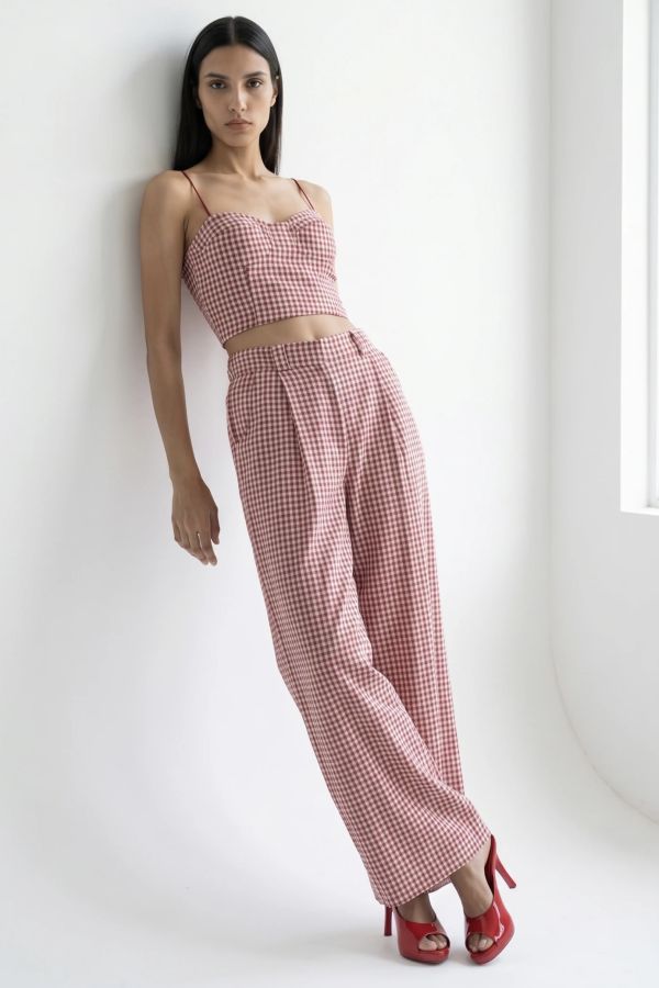 Σετ καρό crop top με σφιγγοφωλιά και παντελόνι με λάστιχο