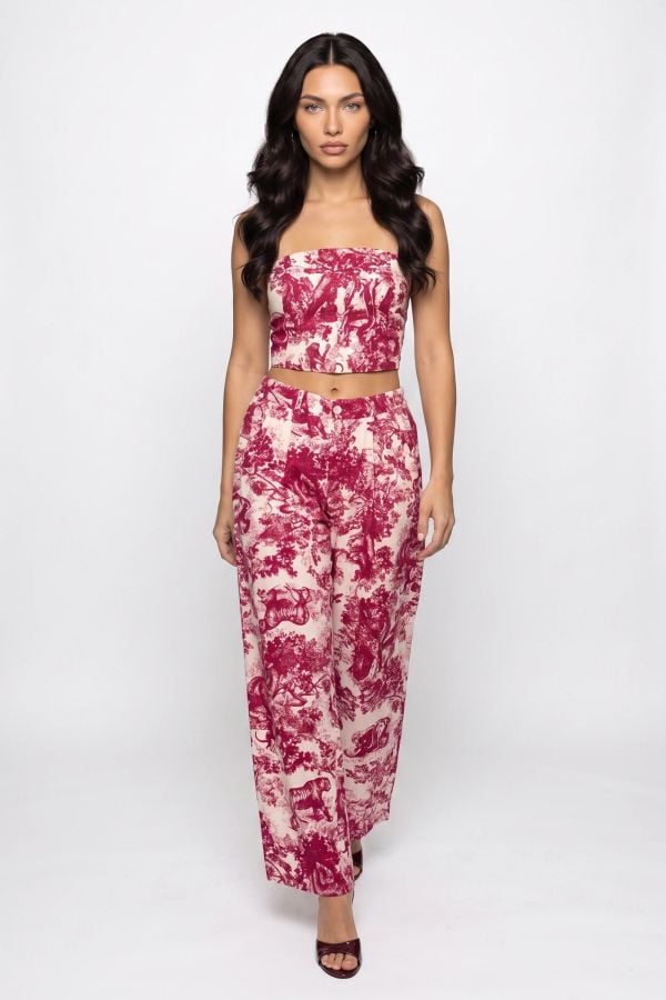 Cropped στράπλες τοπ και ψηλόμεση παντελόνα με Toile de Jouy μοτίβο