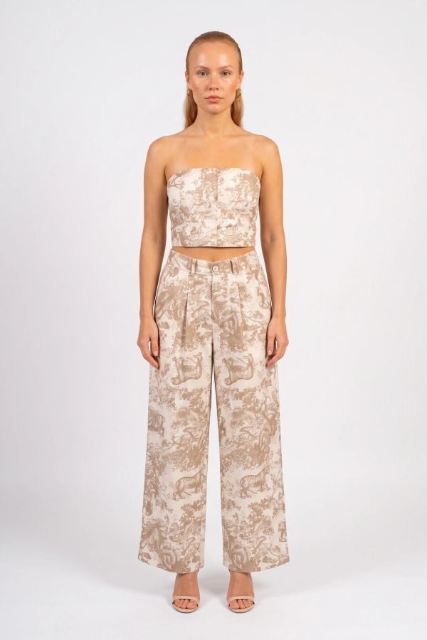Cropped στράπλες τοπ και ψηλόμεση παντελόνα με Toile de Jouy μοτίβο