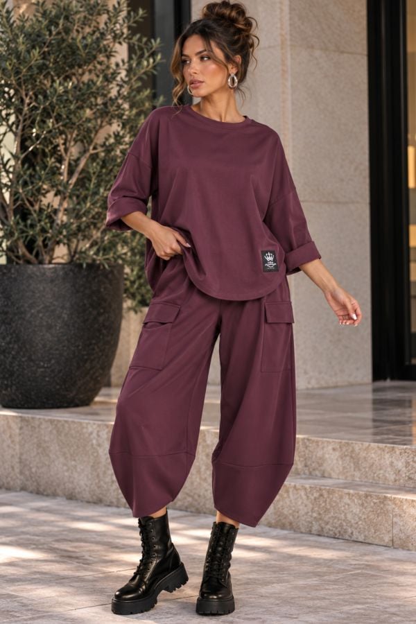 Σετ oversize μπλούζα & ασύμμετρο παντελόνι με λάστιχο στη μέση - ΒΥΣΣΙΝΙ