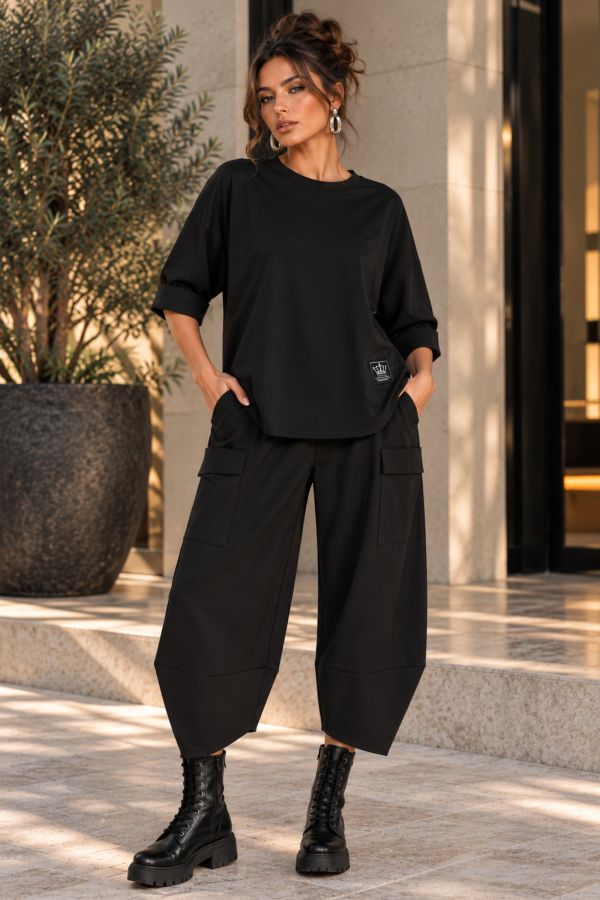 Σετ oversize μπλούζα & ασύμμετρο παντελόνι με λάστιχο στη μέση - ΜΑΥΡΟ
