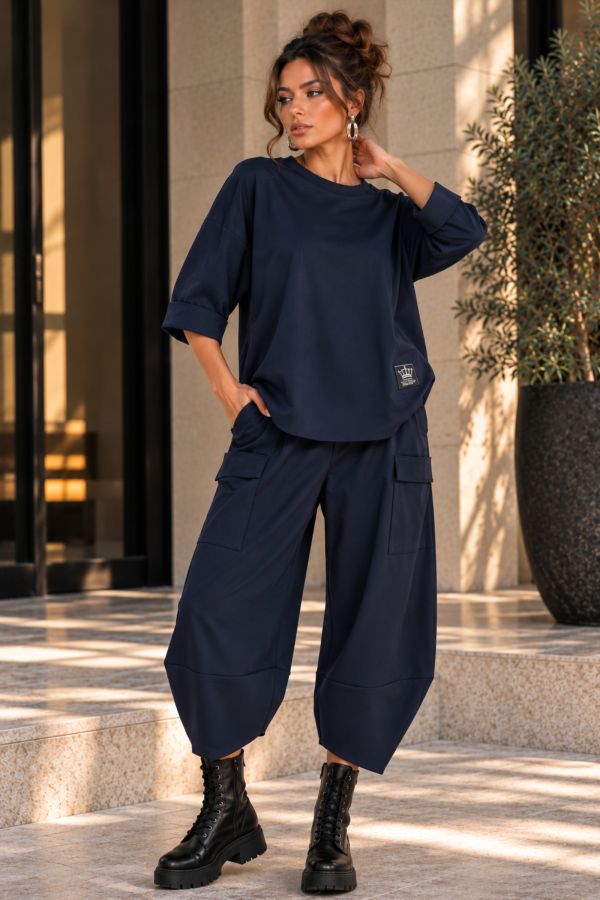 Σετ oversize μπλούζα & ασύμμετρο παντελόνι με λάστιχο στη μέση - ΜΠΛΕ ΣΚΟΥΡΟ