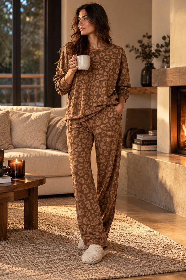 Σετ βελουτέ με animal print και παντελόνι wide leg - ΚΑΦΕ